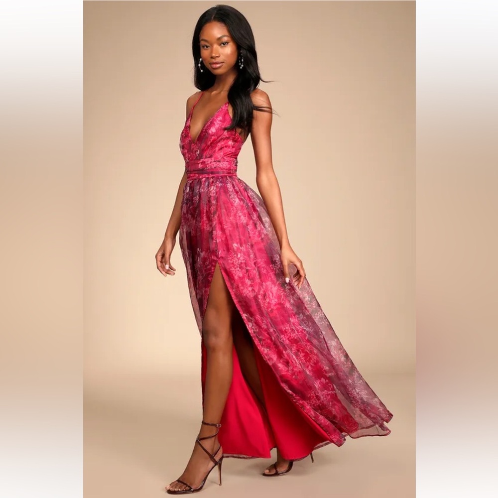 Lulu's Fuchsia Floral Lace Maxi Dress with Plunging V-Neck - Picture 2 of 13